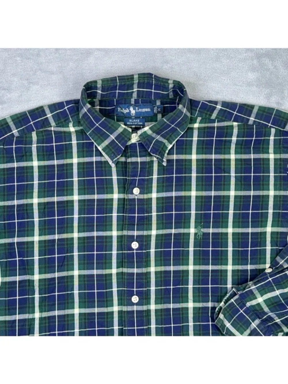 Ralph Lauren Blake Shirt Mens M Plaid Button Up Navy Green Preppy Oxford Casual